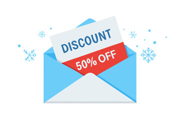 Poster - Discount envelope with 50 percent off label and snowflakes