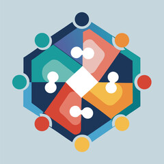 Poster - Abstract geometric artwork illustrating teamwork collaboration and puzzle solving with bold colors and shapes
