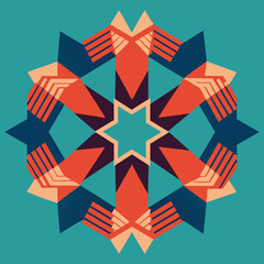Poster - Abstract geometric starburst design with interlocking shapes and symmetrical arrangement in earthy tones