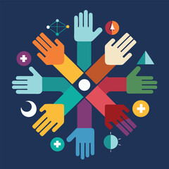 Poster - Abstract illustration of diverse hands joined together forming a circle representing unity and collaboration