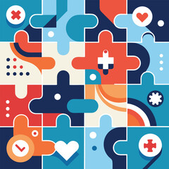 Poster - Abstract puzzle illustration featuring health medical symbols and icons in a colorful geometric composition.