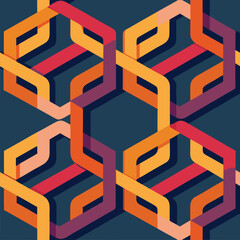 Poster - Geometric abstract pattern with overlapping shapes and warm tones on a navy background suitable for design projects