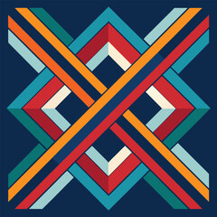 Poster - Geometric pattern with intersecting colored stripes and a diamond shape on a dark blue background