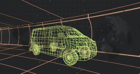 Poster - Upon loading neon yellow wireframe van in grid tunnel while globe defining for model visualization