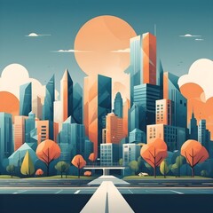 Poster - Minimal cityscape. Flat landscape with geometric buildings and nature environment, city street pattern. Vector geometry buildings style