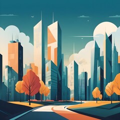 Poster - Minimal cityscape. Flat landscape with geometric buildings and nature environment, city street pattern. Vector geometry buildings style
