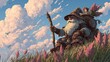 © Volodymyr - Cute gnome traveler gray beard charming fairy companion backpack sitting pink flowers hill contemplating blue sky fluffy clouds