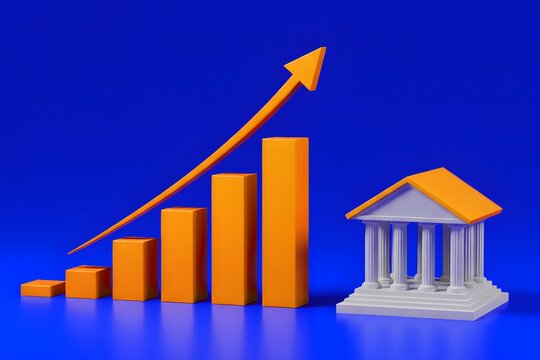 A bank or government building and a rising growth chart. Macroeconomics, budget surpluses, or infrastructure investment strategies concepts.