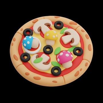 Stylized 3D rendering of a pizza with mushrooms, olives, and basil on a black background.