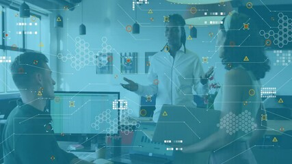 Poster - Presenter unfolding hands after holographic data overlays fading in, guiding business team meeting