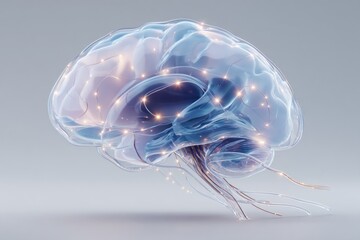 Poster - A futuristic brain representation features glowing neural connections and transparent elements, symbolizing advanced cognition and technology
