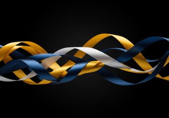 Poster - Elegant Ribbon Swirls - Abstract of gold, white, and blue ribbons swirling against a black background. Perfect for design and luxury concepts