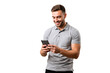 © D85studio - young man usinging on mobile phone on white