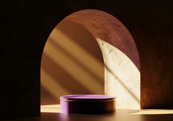 Poster - Purple Cylinder Display in Archway - A purple cylindrical display sits in a sunlit archway, ideal for product showcasing or minimalist design presentations