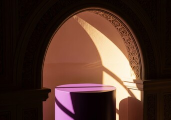 Poster - Purple Cylinder in Archway - A purple cylinder sits within an ornate archway, bathed in sunlight. The scene is minimalist and elegant
