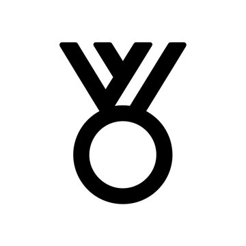 A graphic depiction of a medal with a circular shape and ribbon style hanger design element shown here