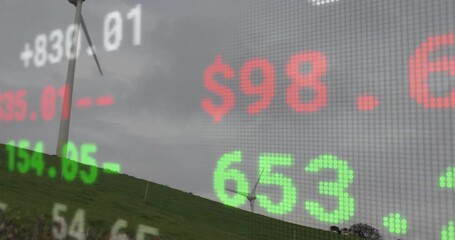 Poster - Opening view camera panning zooming rotating turbine while market ticker updating in real time