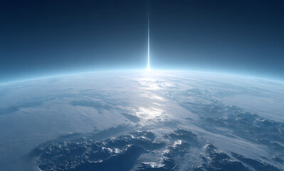 a distant planet in the sky with earth visible below it in the atmosphere