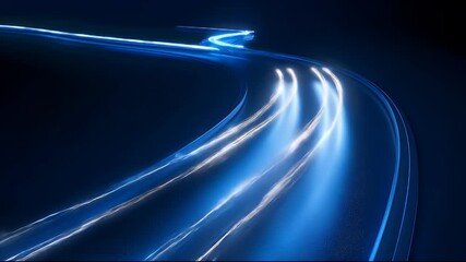 Poster - Abstract Blue Light Trails on a Curving Road at Night with Dark Background