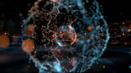 Poster - Abstract Sphere Enclosed by Water Splash in Dark Urban Background at Night
