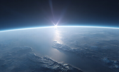Wall Mural - the background of a distant planet in the sky with Earth visible below it in the atmosphere is blue and misty