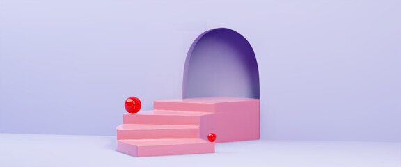Poster - Pink podium with ascending stair steps on pastel purple background. Red glossy spheres on geometric display platform beneath curved arch doorway. Minimal scene for cosmetic or product presentation.