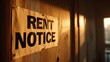 © Iamflow2468 - Notice of rent increase concept. Rent notice on a wooden wall, illuminated by soft sunlight.
