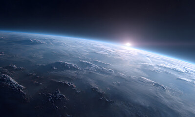 Wall Mural - a view of the earth from space with the sun is rising over an alien planet in the distance background