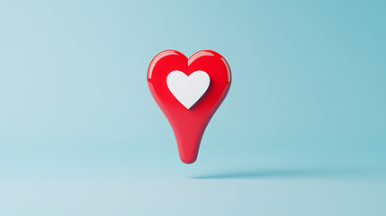 Fototapete - A red heart-shaped pin with a white heart inside hovers against a serene light blue backdrop, symbolizing love, location, or sentimental value.