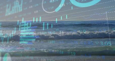 Poster - Scene opening showing ocean waves, overlaying candlestick charts rising, visualizing market trends