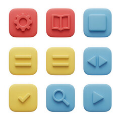 Fototapete - Colorful ui icons set for app design settings book search magnifier play pause menu checkmark gear 100 on transparent background