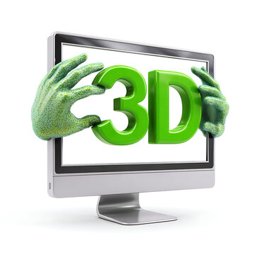 Silver Computer Monitor Displaying Bright Green 3 D Text Held by Stylized Green Hands Emerging from Screen