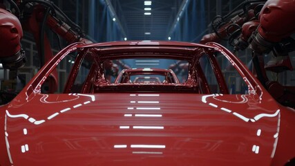 Poster - Robotic Arms Painting Cars in Factory Timelapse on Production Floor with Red Vehicles