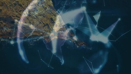 Poster - Net nodes and lines emerging over coast forming globe being held by hand showing digital fusion