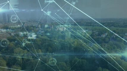 Poster - Data nodes popping over urban canopy as glowing lines forming triangle mesh showing network growth