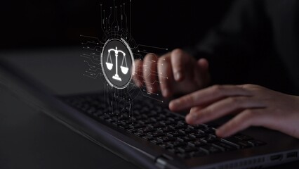 Poster - Futuristic digital law interface displaying justice scale, highlighting digital law, AI compliance, digital law systems, and digital law regulations for secure governance. Muxer
