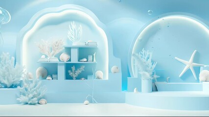 Poster - Pastel Blue Ocean Stage with Coral and Starfish Display Platform in 3D Render