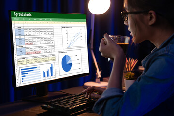 Fototapete - Spreadsheet document information financial startup concept. data and graphs in spreadsheet documents for online analysis project dashboard accounting digital brisk