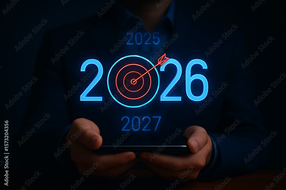 Man holding smartphone displaying glowing 2026 target with 2025 and ...