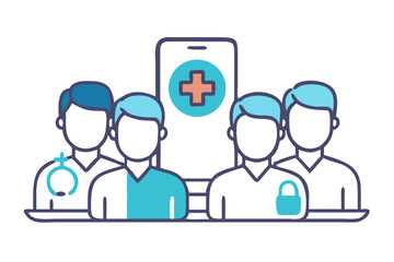 Poster - Digital health team and secure medical information on smartphone illustration