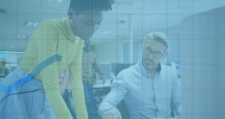 Poster - Woman entering with documents driving business review tracing rows and activating line graphs
