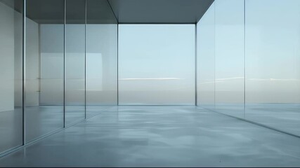 Poster - Minimalist Modern Interior with Glass Walls and Concrete Floor Under Soft Light