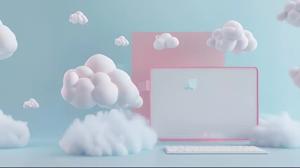 Poster - Dreamy Pastel Desktop with Fluffy Clouds Minimalist Design in Blue and Pink