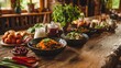 © AI_Vision - A rustic wooden table filled with vibrant vegetarian dishes fresh herbs colorful vegetables captured in warm natural lighting farmhouse style real photo stock photography