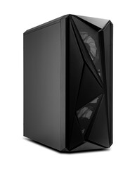 Poster - A sleek black gaming computer case with angular geometric front panel and mesh ventilation isolated on white background.
