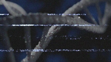 Poster - Glitch lines appearing over rotating grey DNA helix, static bars drifting for simulation