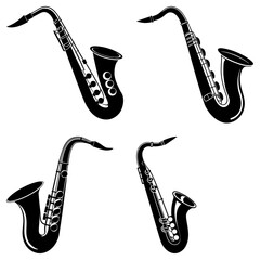 Fototapete - Four black and white saxophone illustrations arranged on a white background in a square format layout