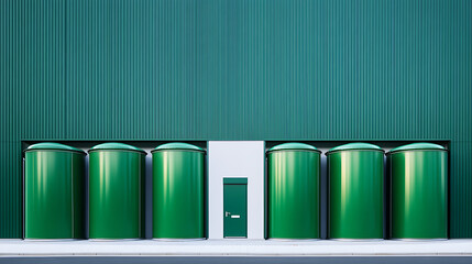 Poster - Green containers and wall: Sleek storage meets modern architecture. Industrial design with minimalist color palette. Perfect symmetry and urban aesthetic.