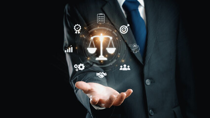 Poster - Futuristic digital law interface displaying justice scale, highlighting digital law, AI compliance, digital law systems, and digital law regulations for secure governance. Elide