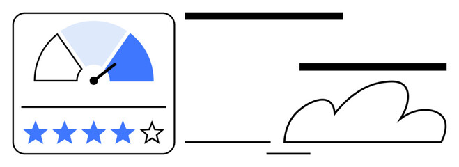 Poster - Performance gauge with a needle and star rating system next to abstract cloud icon. Ideal for customer satisfaction, performance tracking, review analysis, user feedback, evaluation, quality